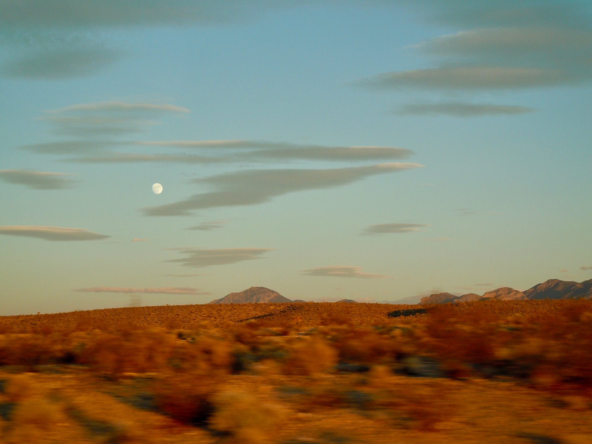 Nevada desert at dusk with moon