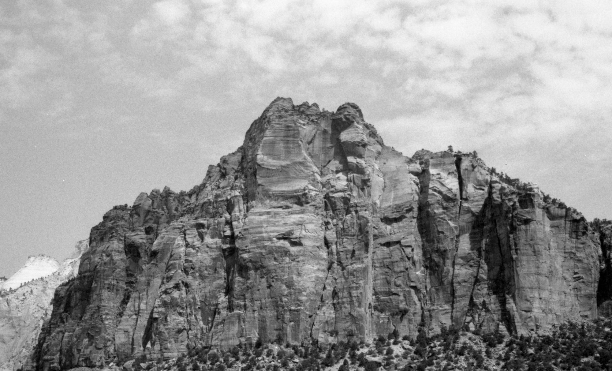 black-and-white image of Zion National Park mountain
